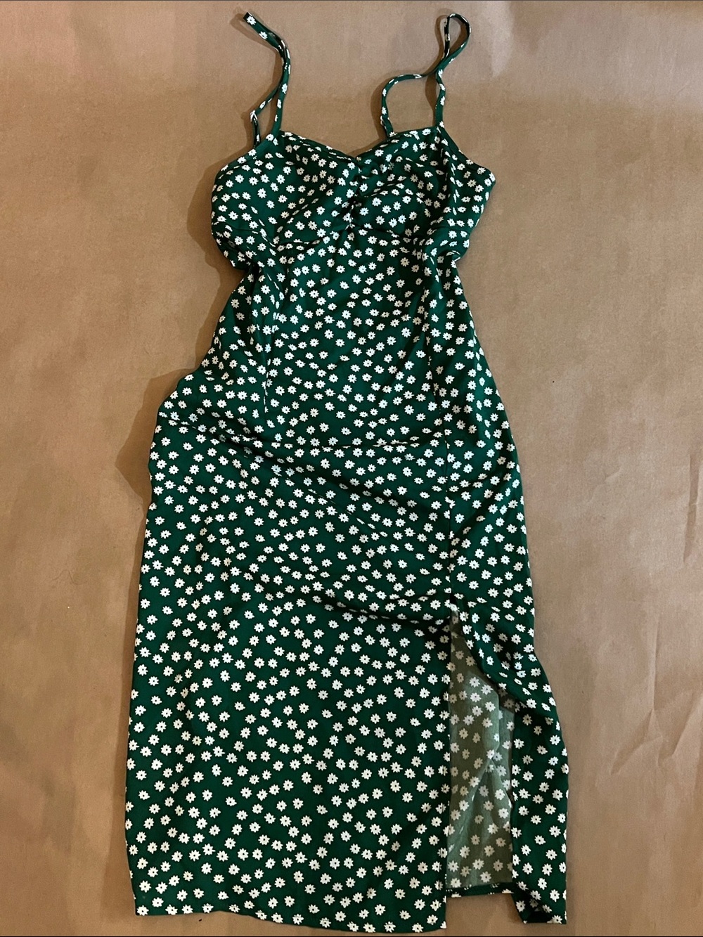 Emerald Green Floral Midi Slip Dress with Spaghetti Straps